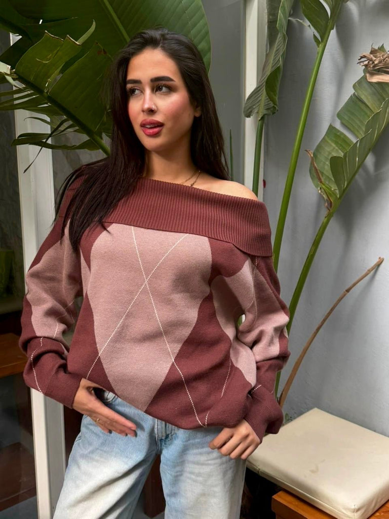 Brown X Cafe Argyle Off Shoulder Knit Pullover - Mii