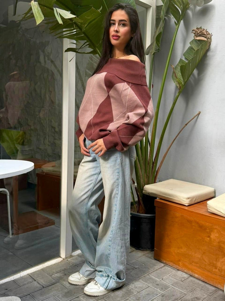Brown X Cafe Argyle Off Shoulder Knit Pullover - Mii