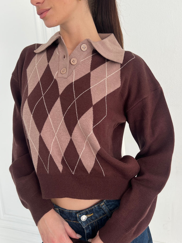 Brown X Cafe Argyle Polo Knit Pullover - Mii