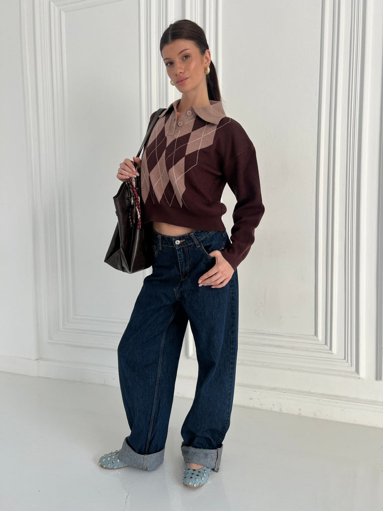 Brown X Cafe Argyle Polo Knit Pullover - Mii