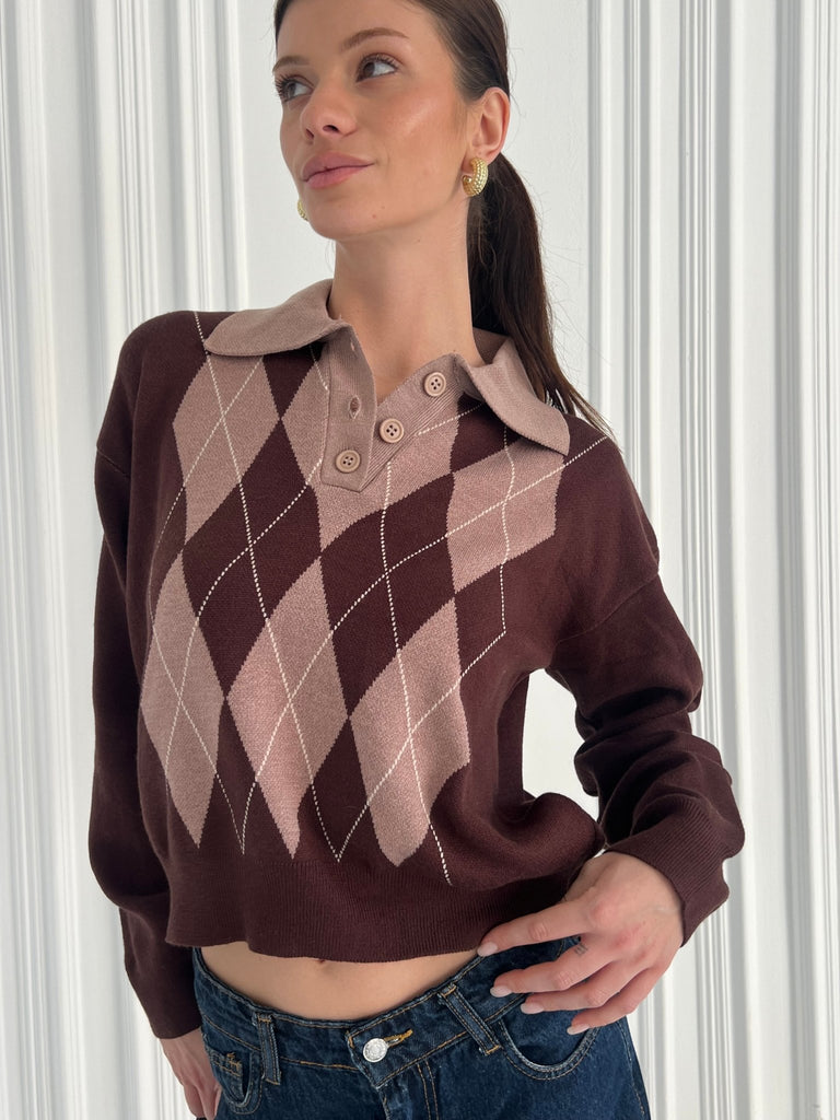 Brown X Cafe Argyle Polo Knit Pullover - Mii