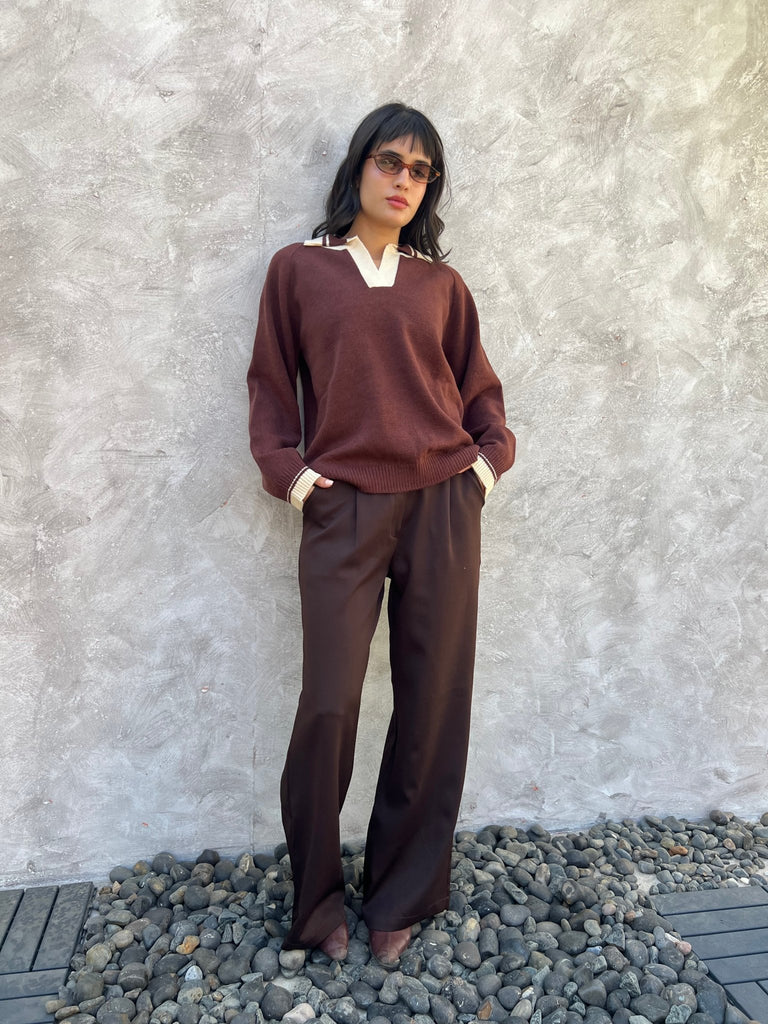 Brown X Creme Polo Knit Pullover - Mii