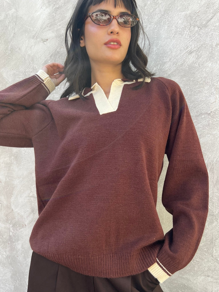 Brown X Creme Polo Knit Pullover - Mii