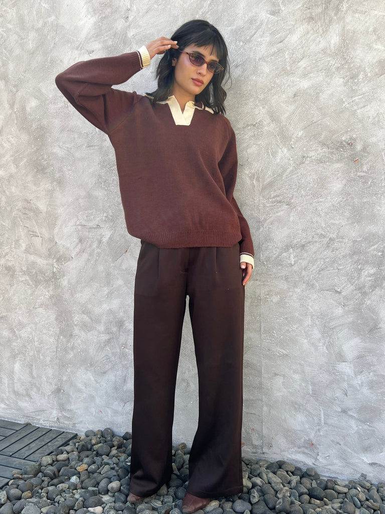 Brown X Creme Polo Knit Pullover - Mii