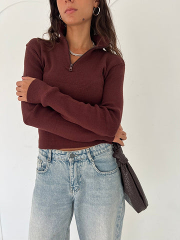 Brown Zip Up Basic Top - Mii