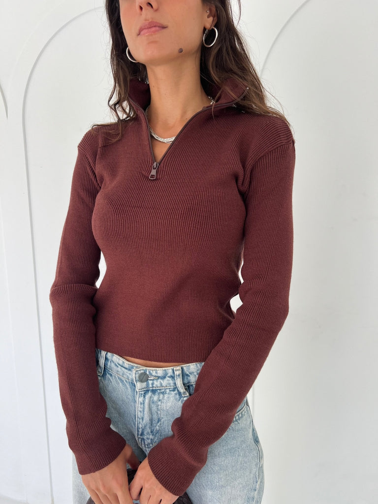 Brown Zip Up Basic Top - Mii