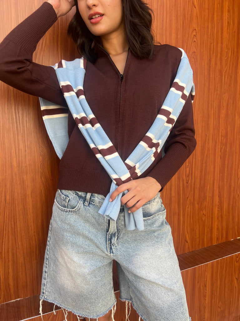 Brown Zip Up Knit Sweater - Mii