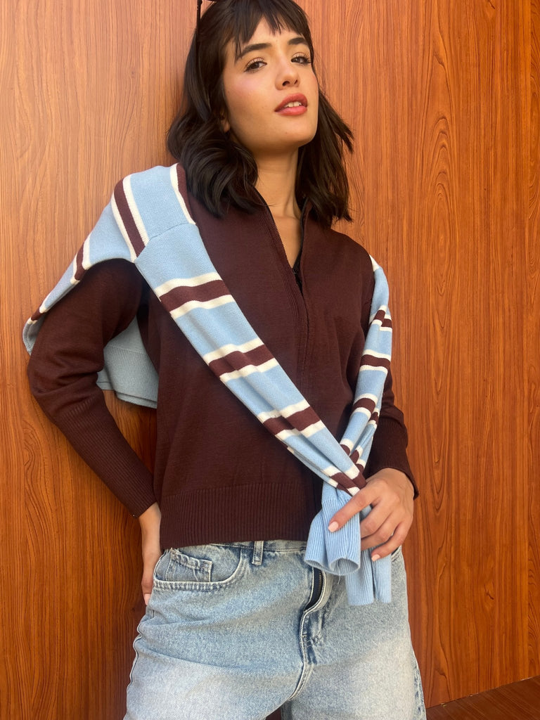 Brown Zip Up Knit Sweater - Mii