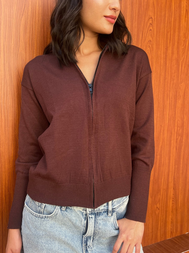 Brown Zip Up Knit Sweater - Mii