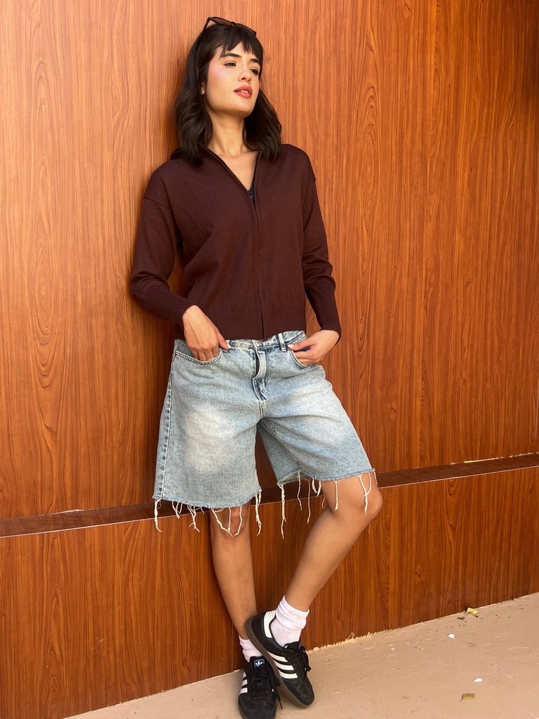 Brown Zip Up Knit Sweater - Mii