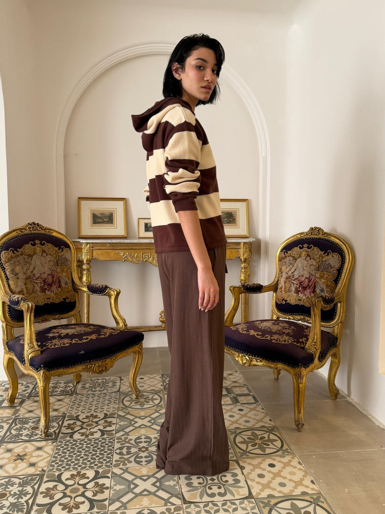 BrownXBeige Striped Hoddie Sweater - Mii