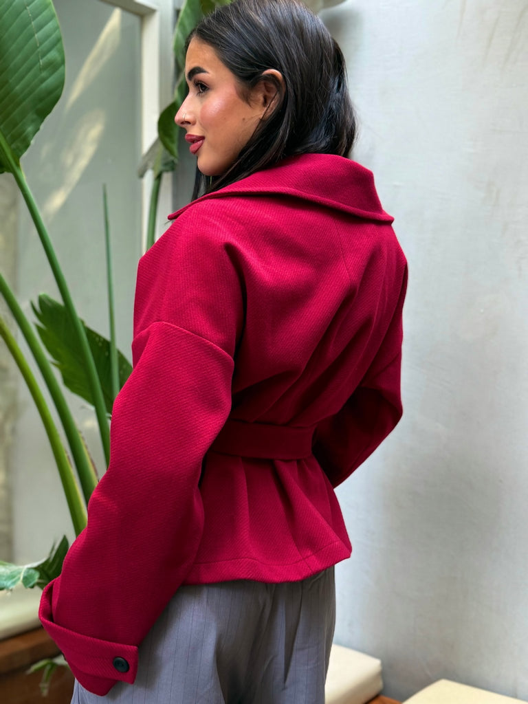 Burgundy Belted Wool Jacket - Mii
