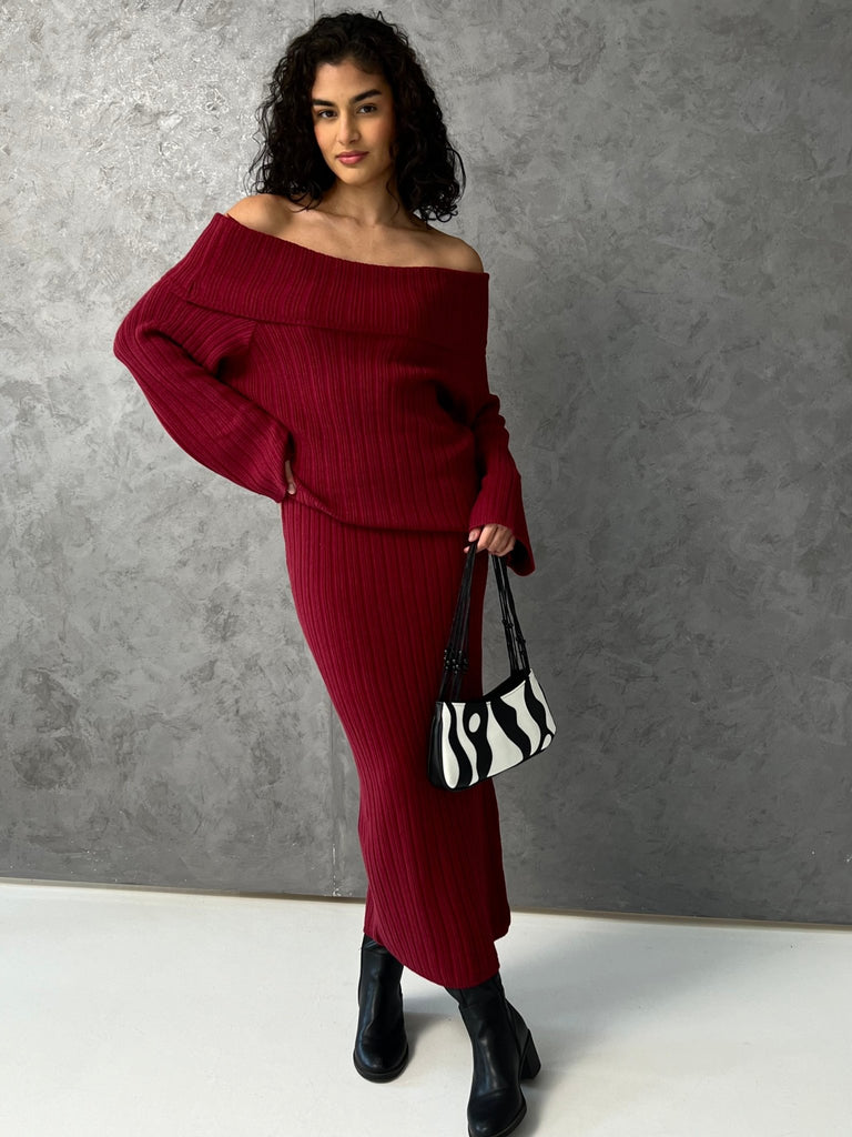 Burgundy Cable Knit Long Skirt Set - Mii