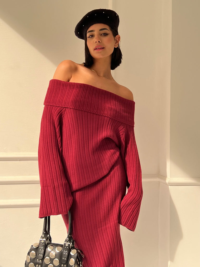 Burgundy Cable Knit Long Skirt Set - Mii