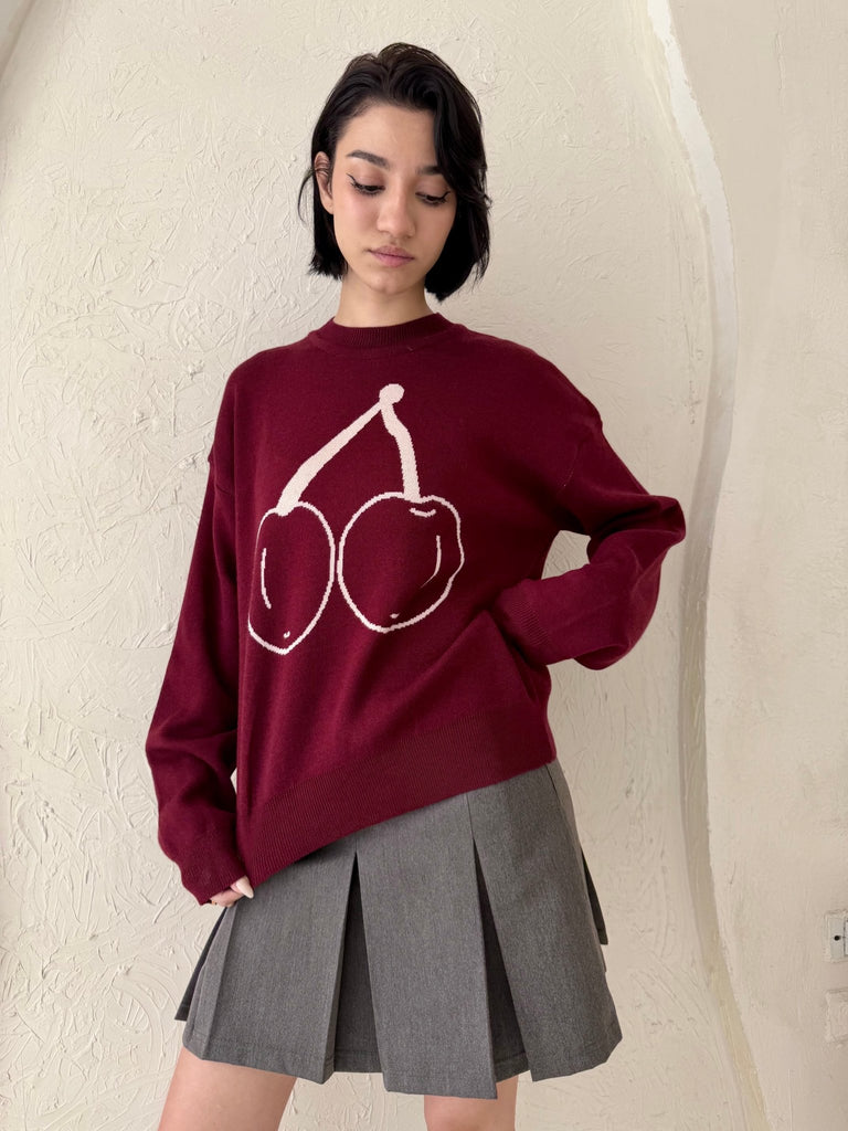 Burgundy Cherry Knit Pullover - Mii