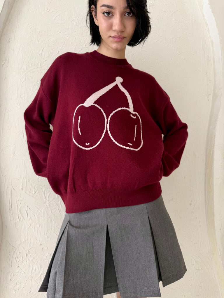 Burgundy Cherry Knit Pullover - Mii