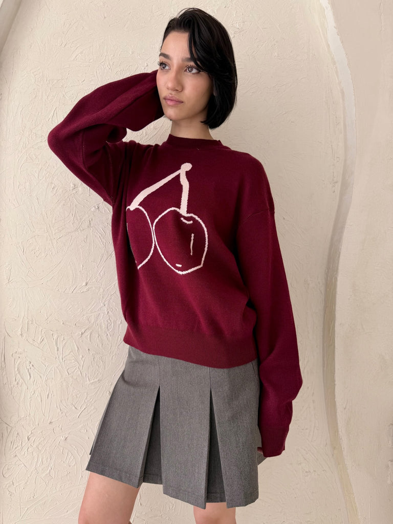 Burgundy Cherry Knit Pullover - Mii