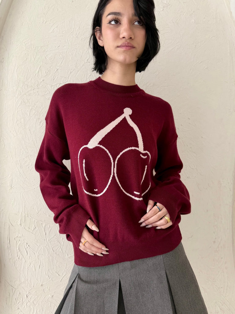 Burgundy Cherry Knit Pullover - Mii