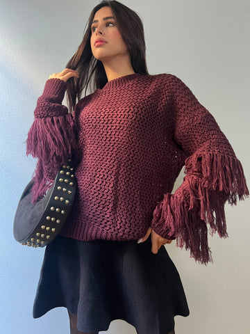 Burgundy Knit Fringe Pullover - Mii