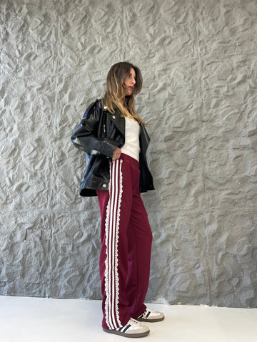 Burgundy Lace Stripes Sweatpants - Mii