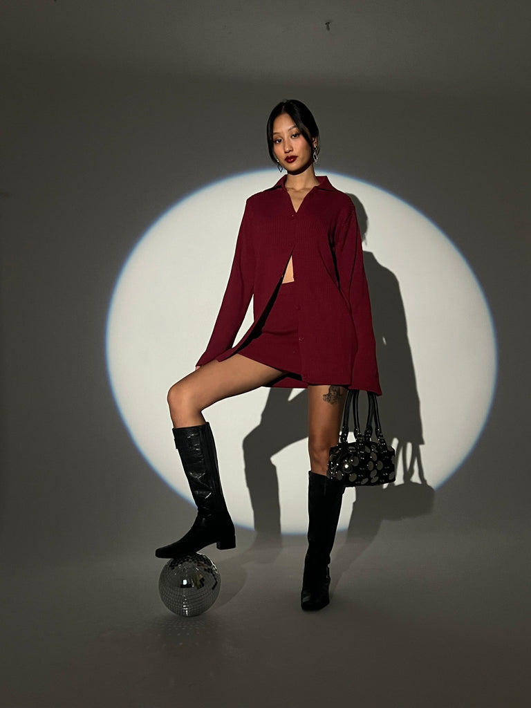 Burgundy Mini Skirt Cardigan Set - Mii