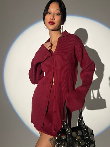 Burgundy Mini Skirt Cardigan Set - Mii