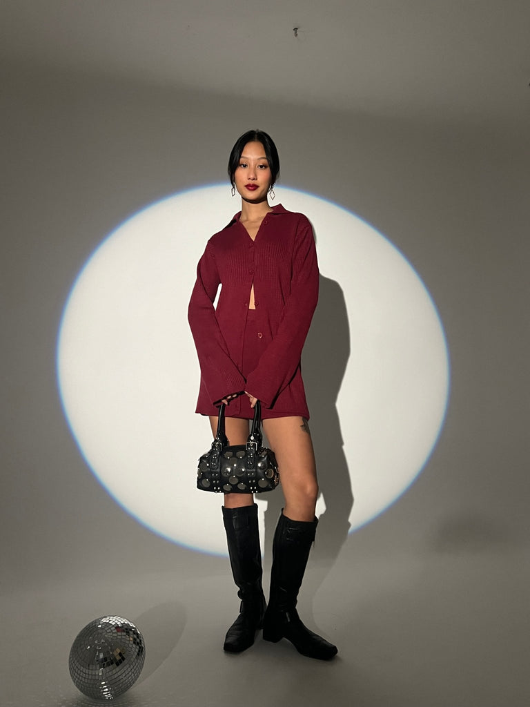 Burgundy Mini Skirt Cardigan Set - Mii