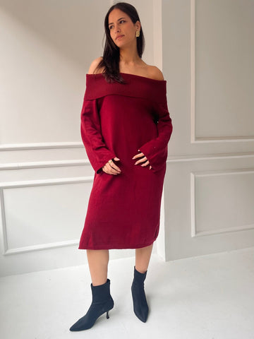 Burgundy Off Shoulder Lantern Sleeve Dress - Mii