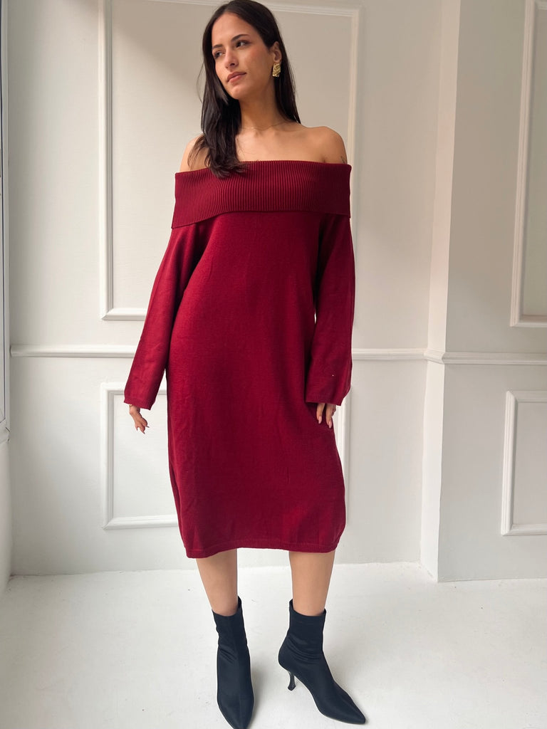 Burgundy Off Shoulder Lantern Sleeve Dress - Mii