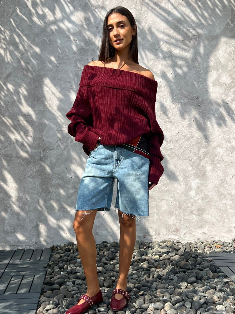 Burgundy Ribbed Off Shoulder Knit Pullover - Mii