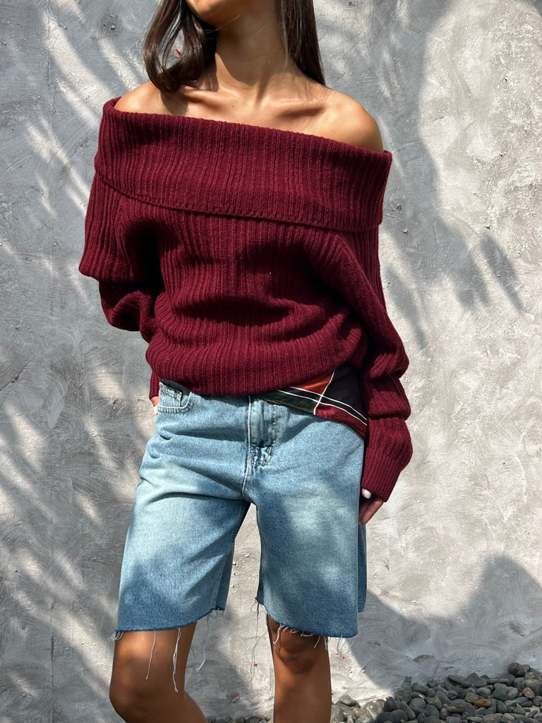 Burgundy Ribbed Off Shoulder Knit Pullover - Mii