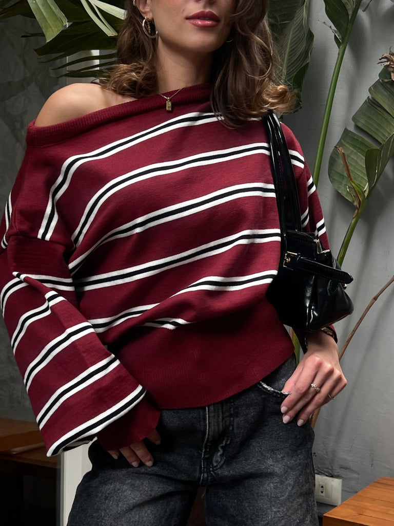 Burgundy Rugby One Shoulder Striped Pullover - Mii