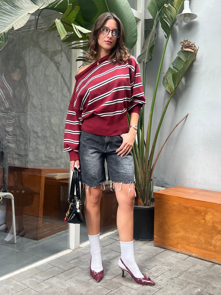 Burgundy Rugby One Shoulder Striped Pullover - Mii