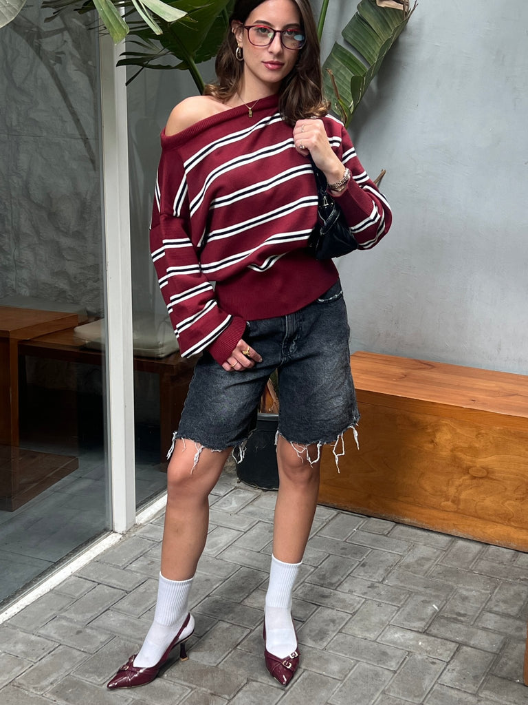 Burgundy Rugby One Shoulder Striped Pullover - Mii