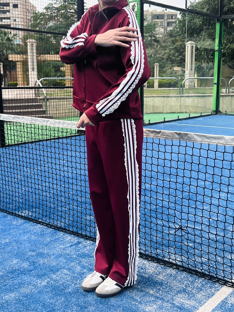 Burgundy Striped Lace Drawstring Sweatpants - Mii