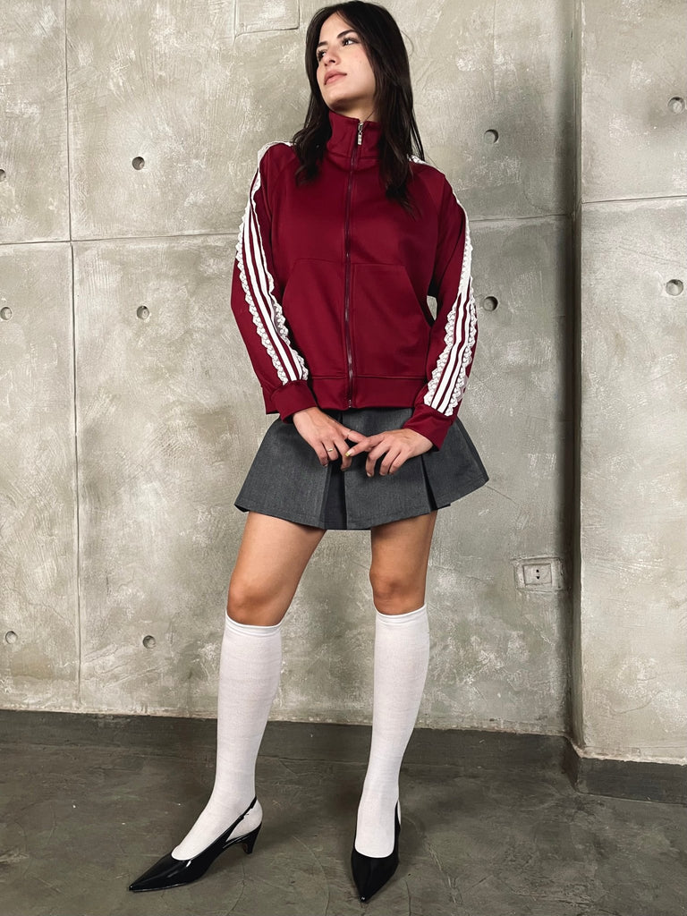 Burgundy Striped Lace Drawstring Zipper Sweatshirt - Mii