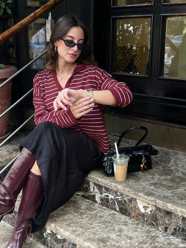 Burgundy Striped Relaxed Buttoned Hoodie - Mii