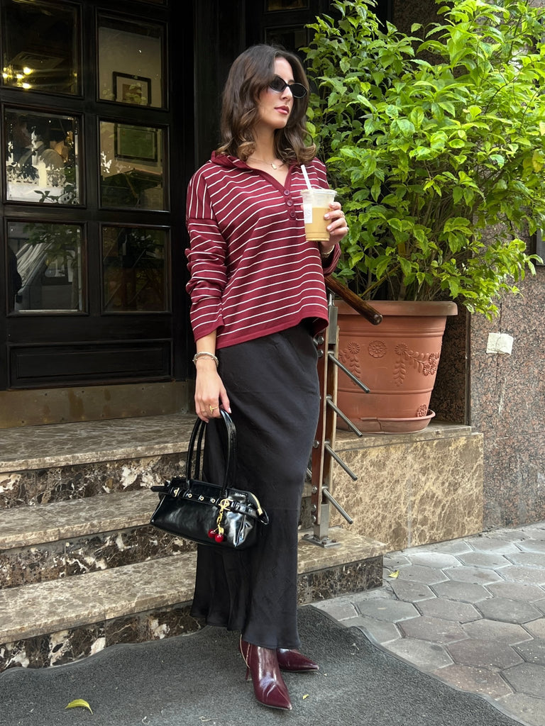 Burgundy Striped Relaxed Buttoned Hoodie - Mii