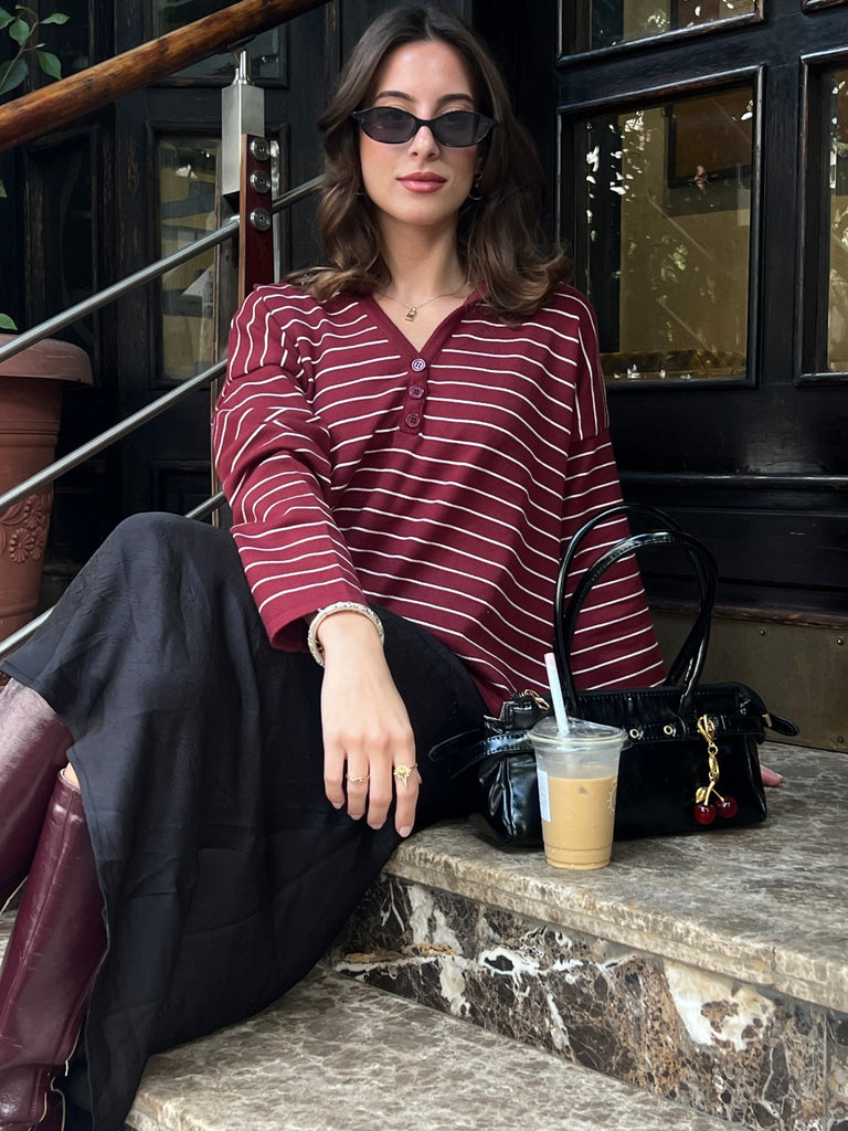 Burgundy Striped Relaxed Buttoned Hoodie - Mii