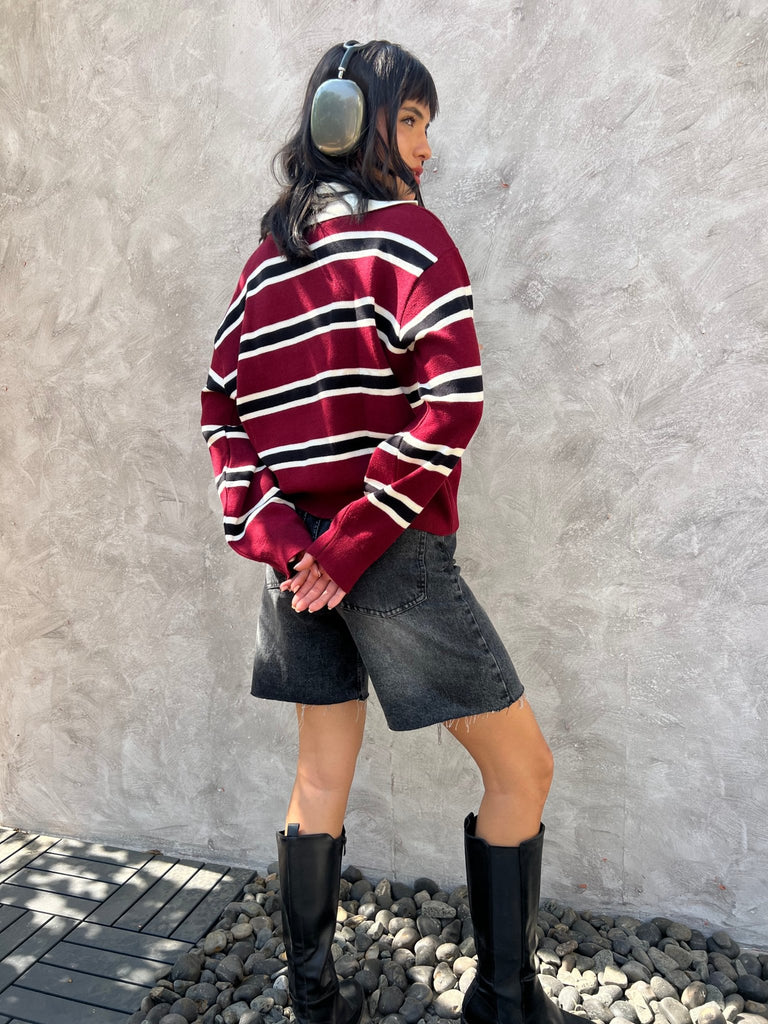 Burgundy X Black Knit Rugby Polo Striped Pullover - Mii