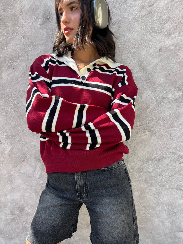 Burgundy X Black Knit Rugby Polo Striped Pullover - Mii