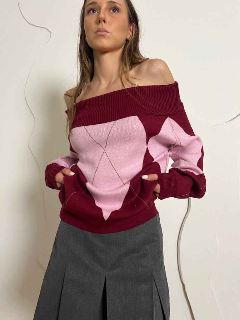 Burgundy X Rose Argyle Off Shoulder Knit Pullover - Mii