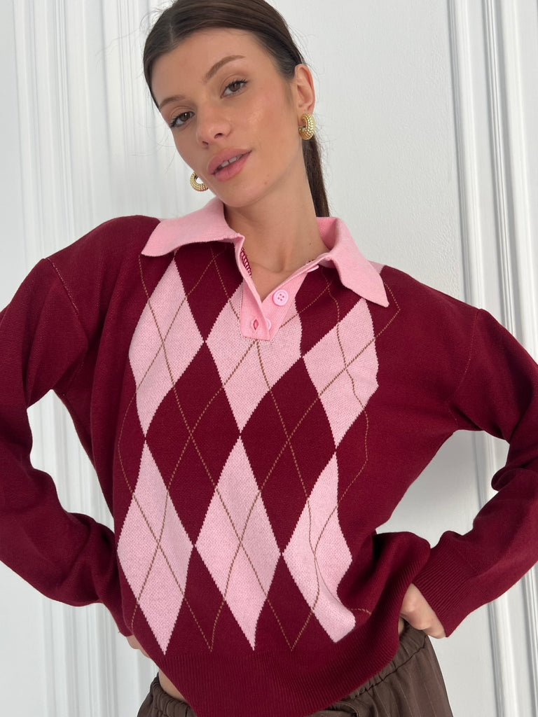 Burgundy X Rose Argyle Polo Knit Pullover - Mii