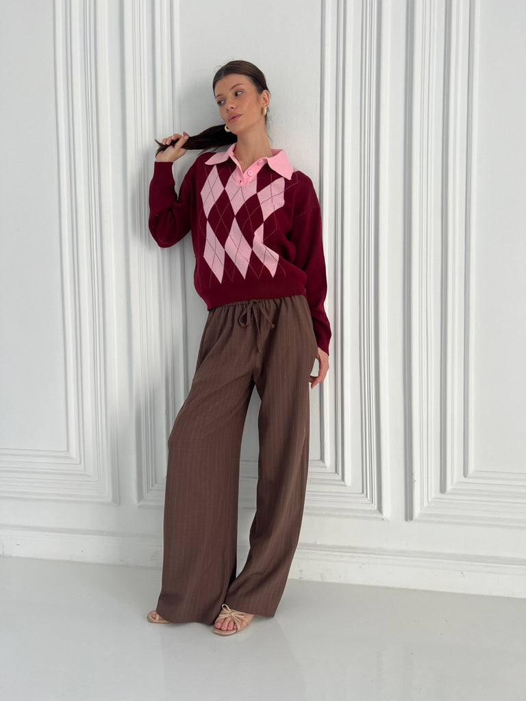 Burgundy X Rose Argyle Polo Knit Pullover - Mii