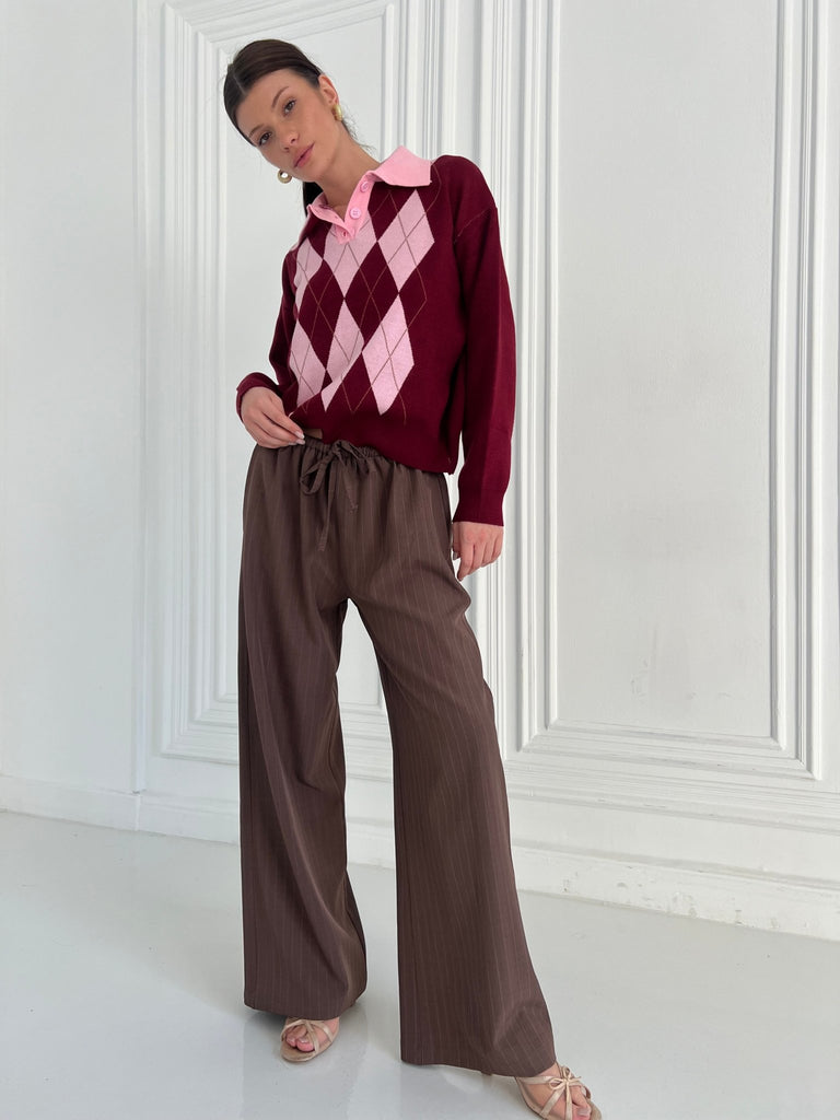 Burgundy X Rose Argyle Polo Knit Pullover - Mii