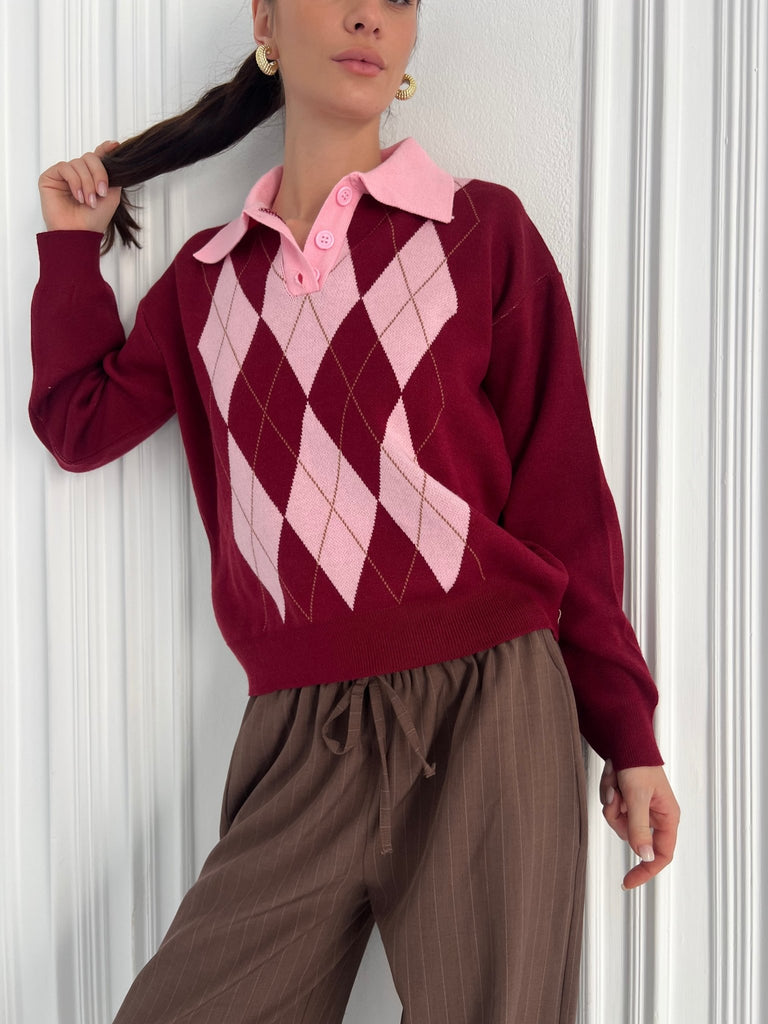 Burgundy X Rose Argyle Polo Knit Pullover - Mii
