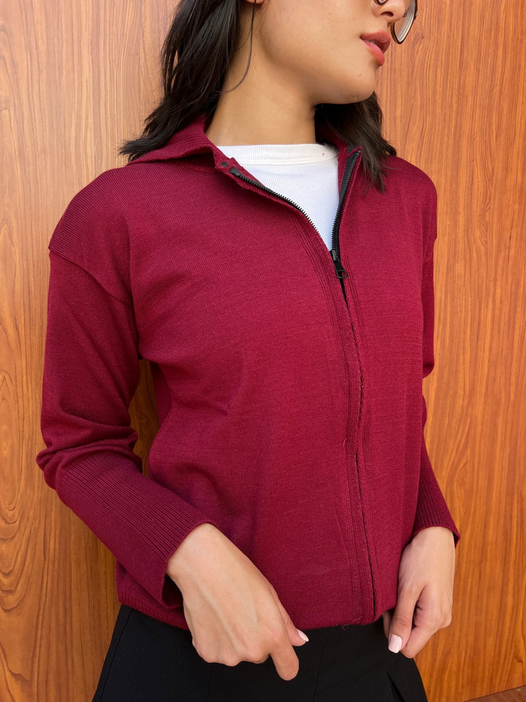 Burgundy Zip Up Knit Sweater - Mii
