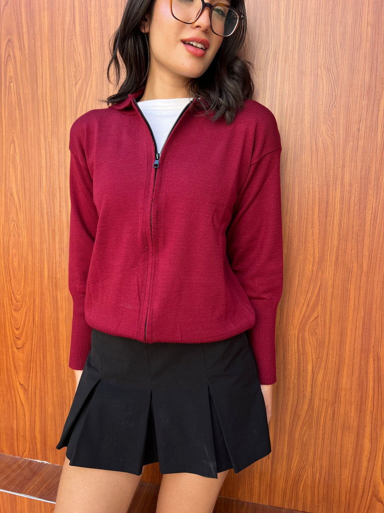 Burgundy Zip Up Knit Sweater - Mii