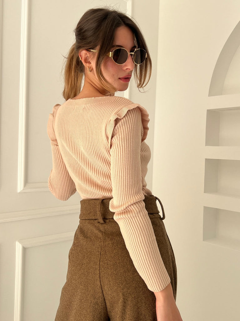 Cafe Buttoned Square Neckline Basic Pullover - Mii