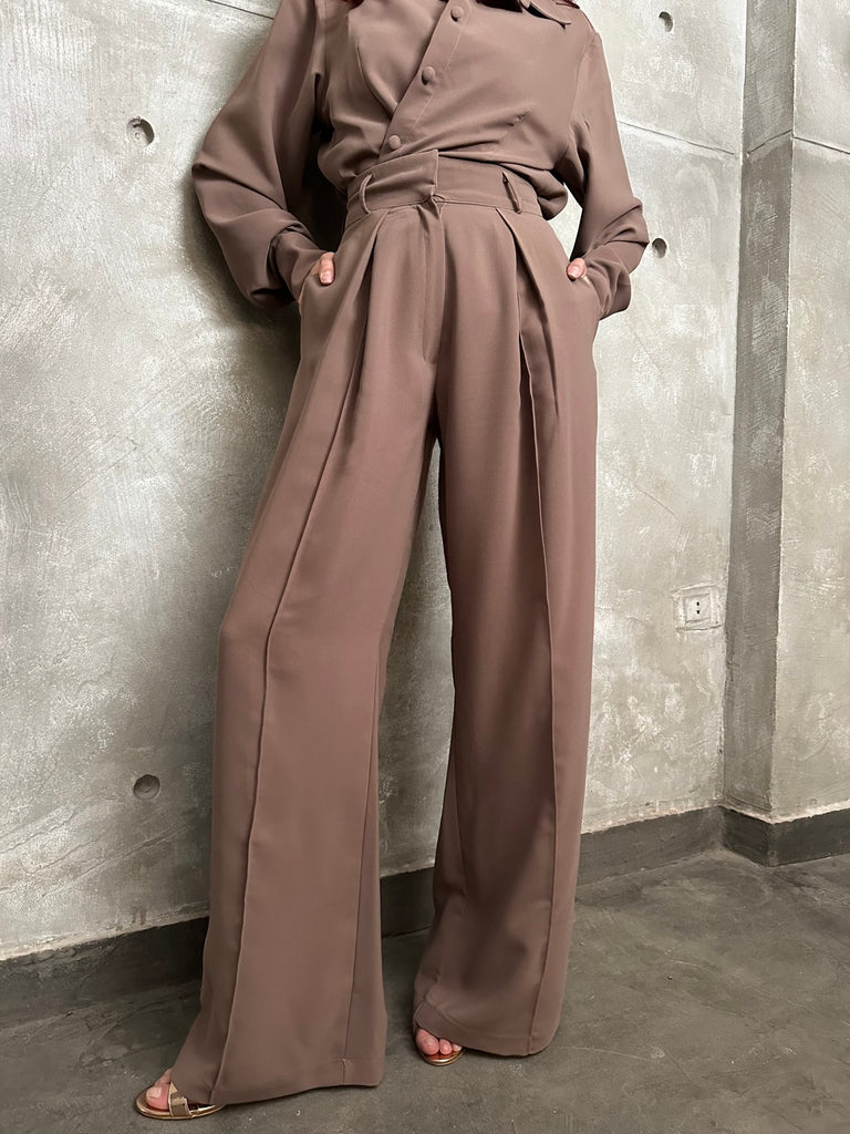 Cafe High Waisted Plicated Detail Wide Leg Suit Pants - Mii